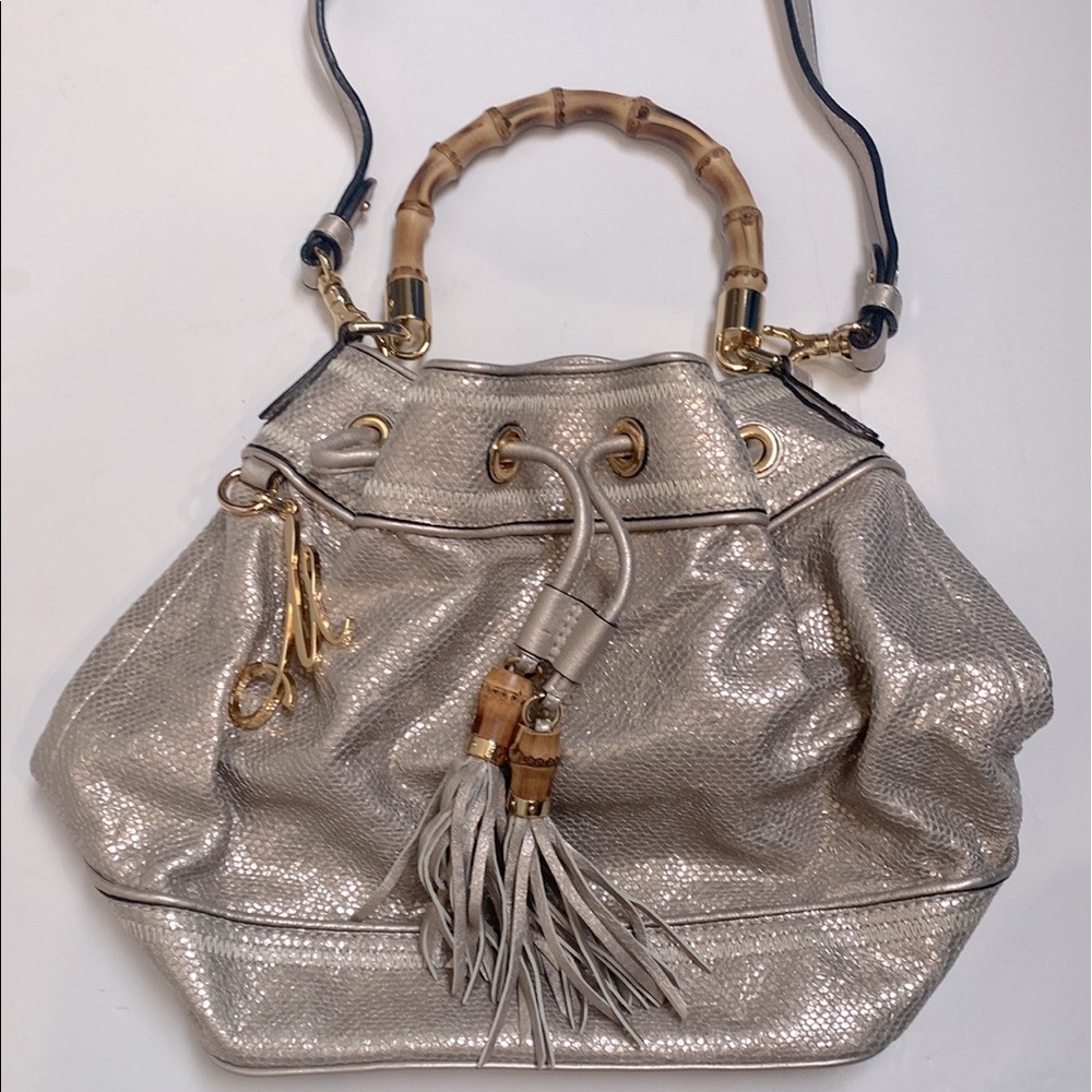 Milly New! Iridescent Handbag Bamboo Silver White Mermaid Snakeskin Shoulder Bag